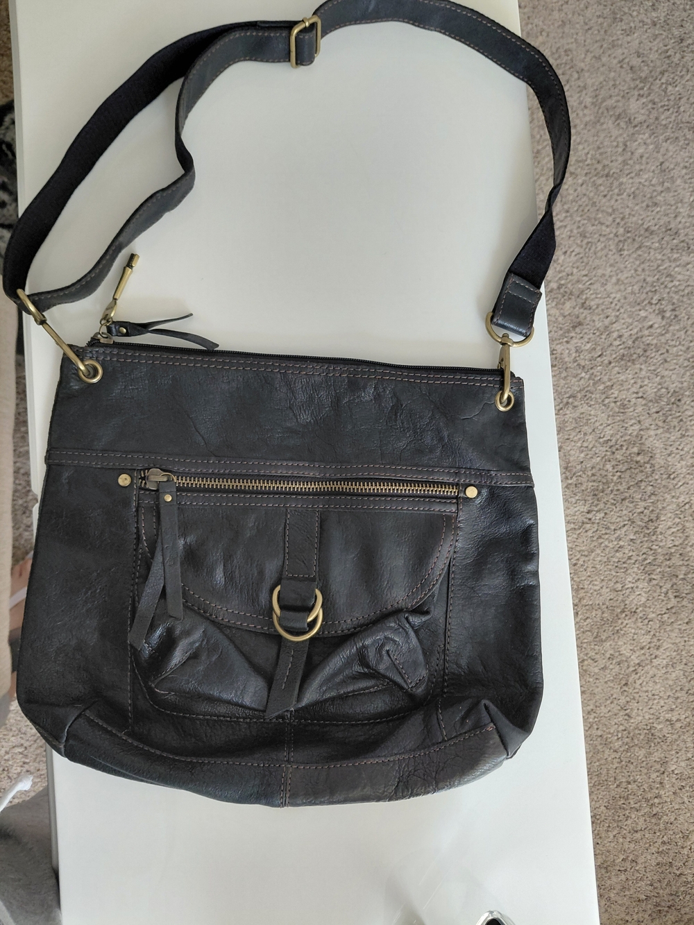 Fossil Black Leather Crossbody with Brass Accents